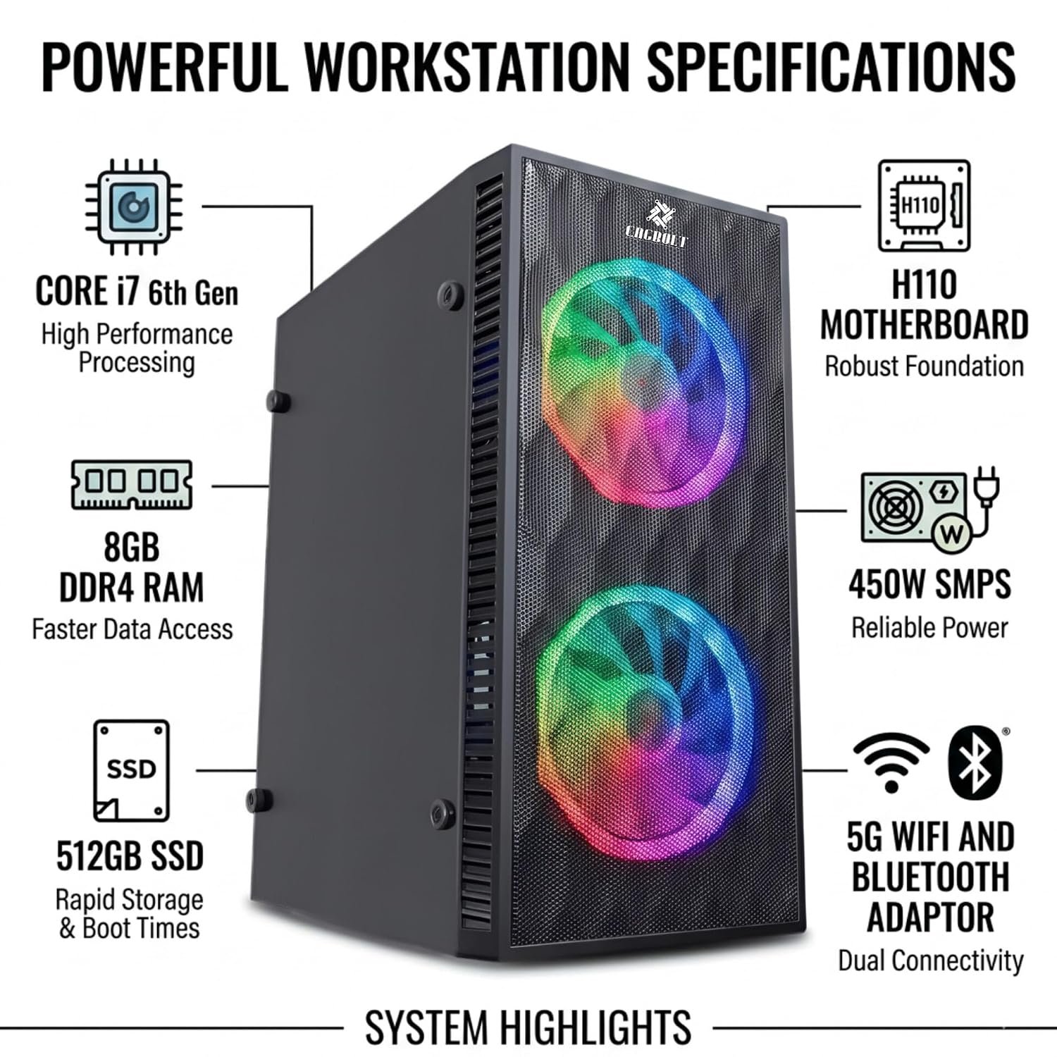 CAGBOLT High Performance Core i7 6th Gen Quad Core Desktop PC | Core i7 6700 Upto 4.00GHz | 8GB DDR4 RAM | 512GB SSD | 5G WiFi & Bluetooth | Windows 11 Pro | MS Office 2024 | 2 Years Warranty